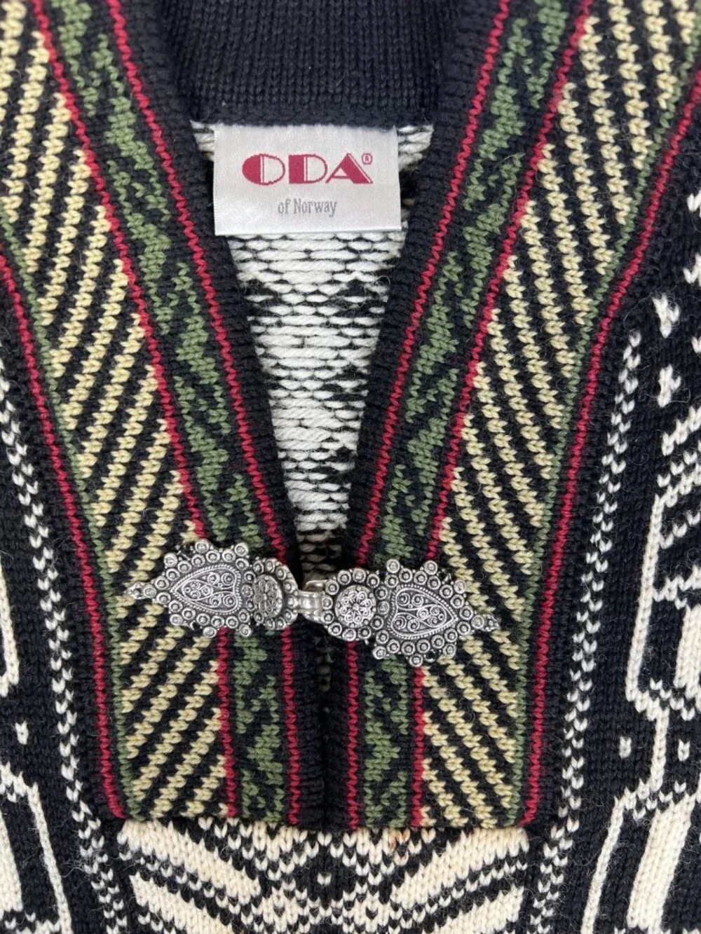 Vintage ODA of Norway Women L Nordic Wool Cardigan Black White Pewter Clasps - Picture 3 of 7